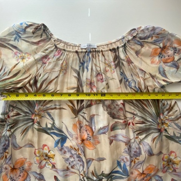 Tempo Paris Floral Italian Silk Blouse Sheer Overlay Boat Neck 3/4 Sleeve Size M - Picture 11 of 13